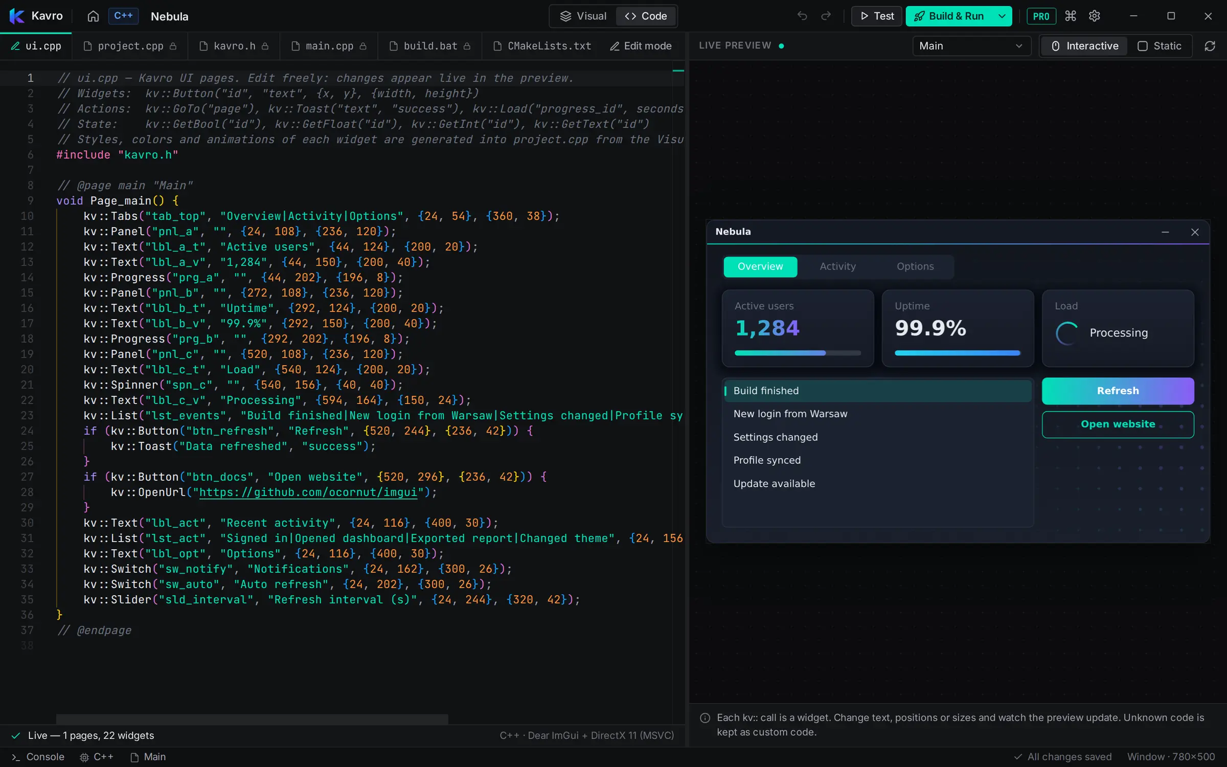 Code view with the generated C++ UI file next to the live preview