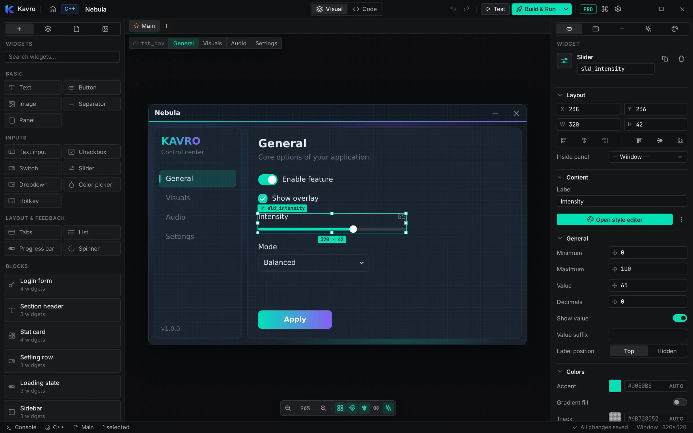 Kavro visual editor with a slider selected and the inspector open