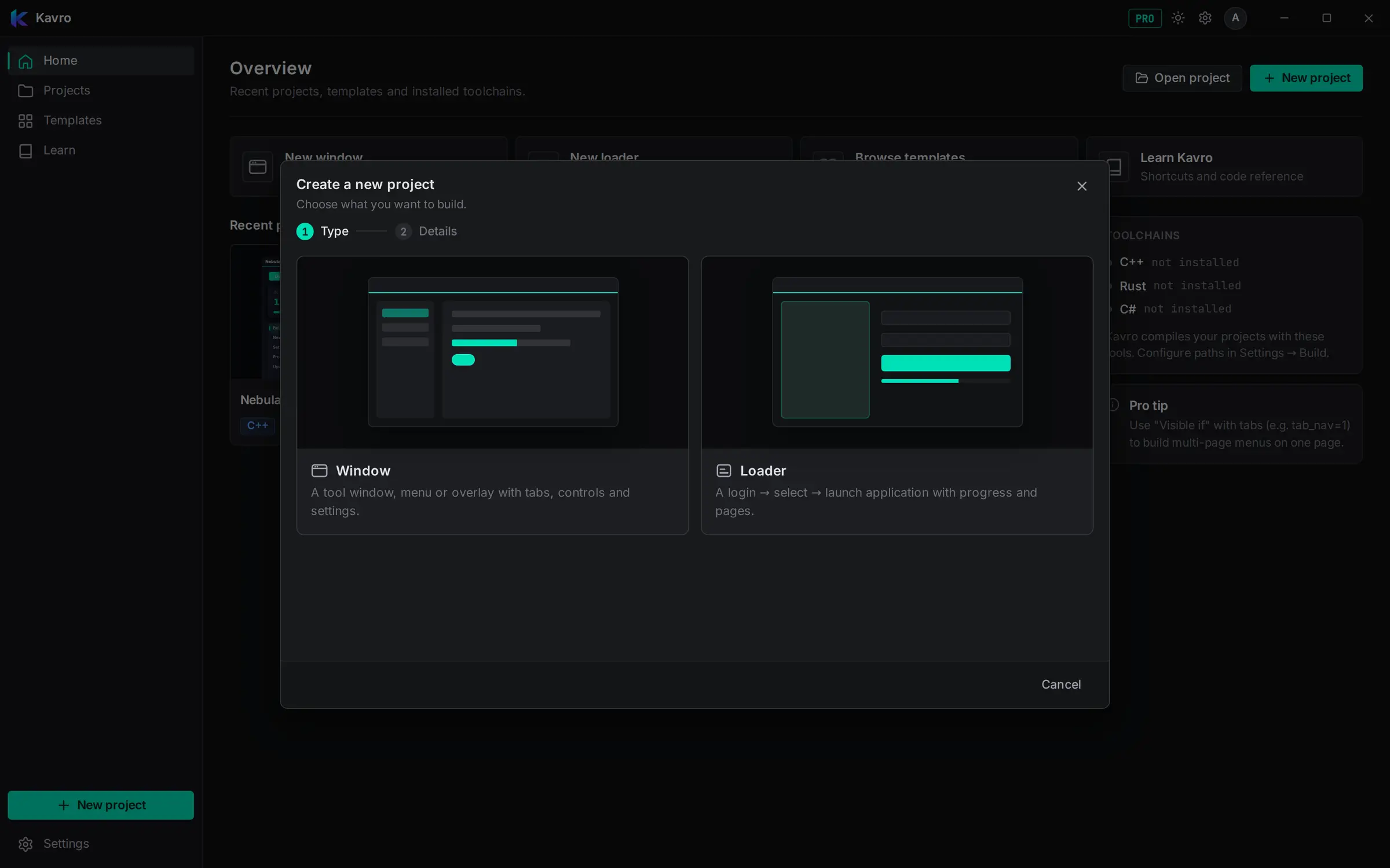 New project wizard