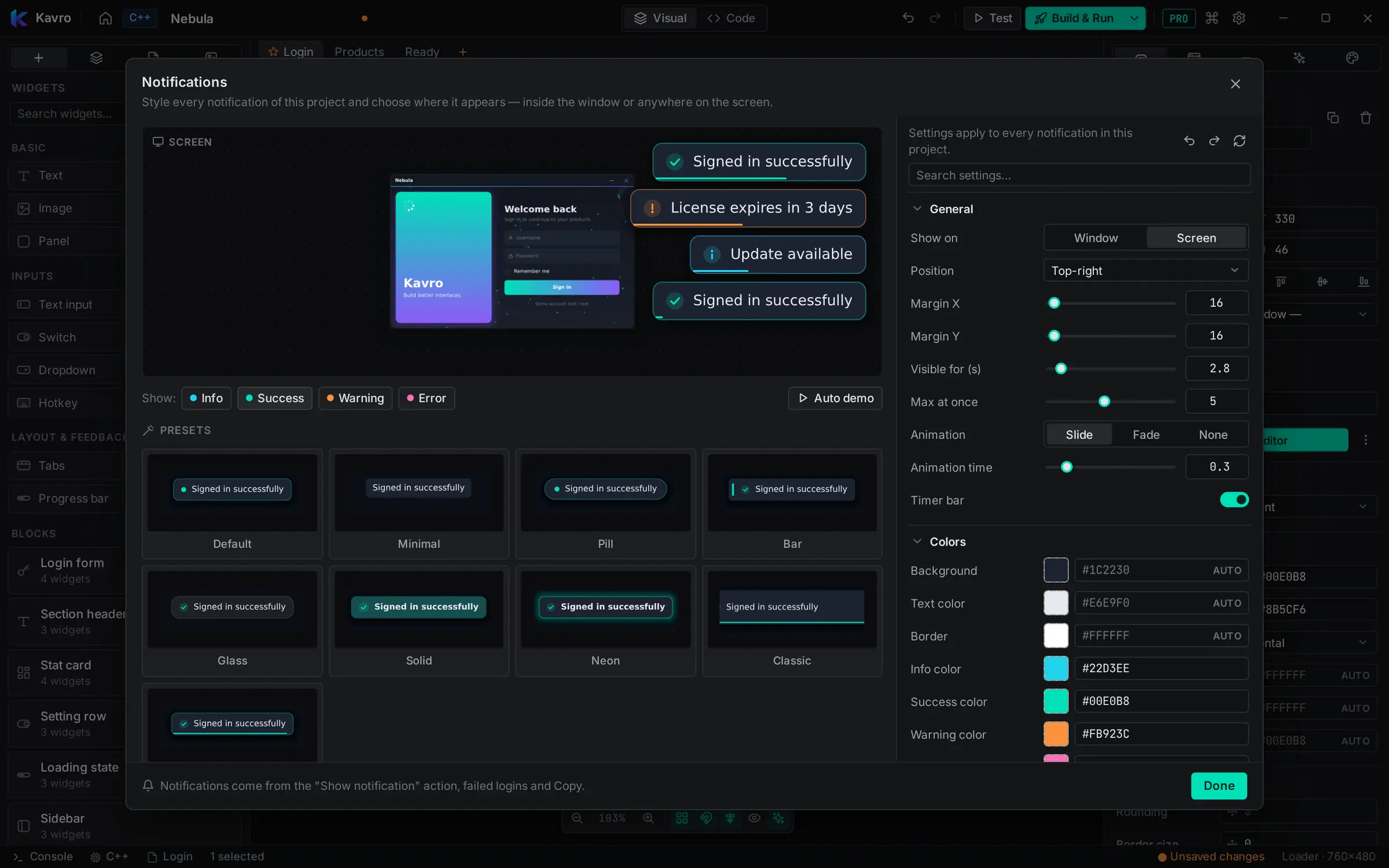 Notification editor showing toasts on the screen