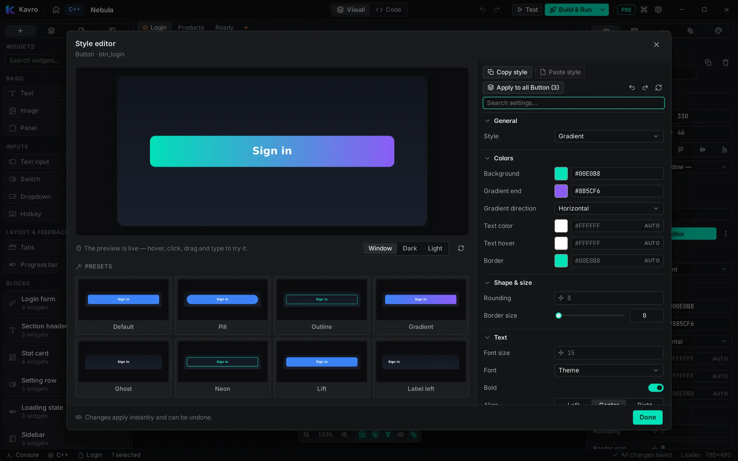 Style editor with a live button preview and style presets